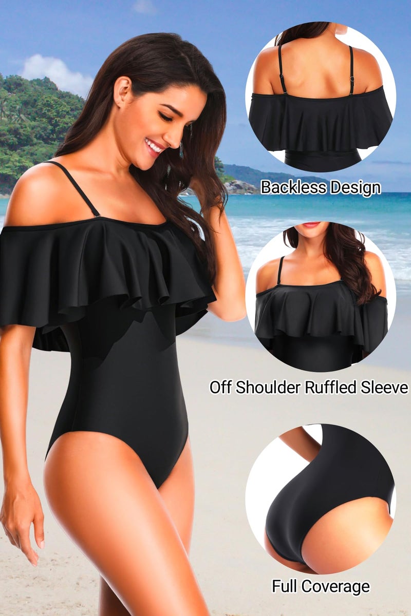 Tempt Me Women's Black Off Shoulder One Piece Swimsuits Flounce Ruffle Bathing Suits M - Image 4
